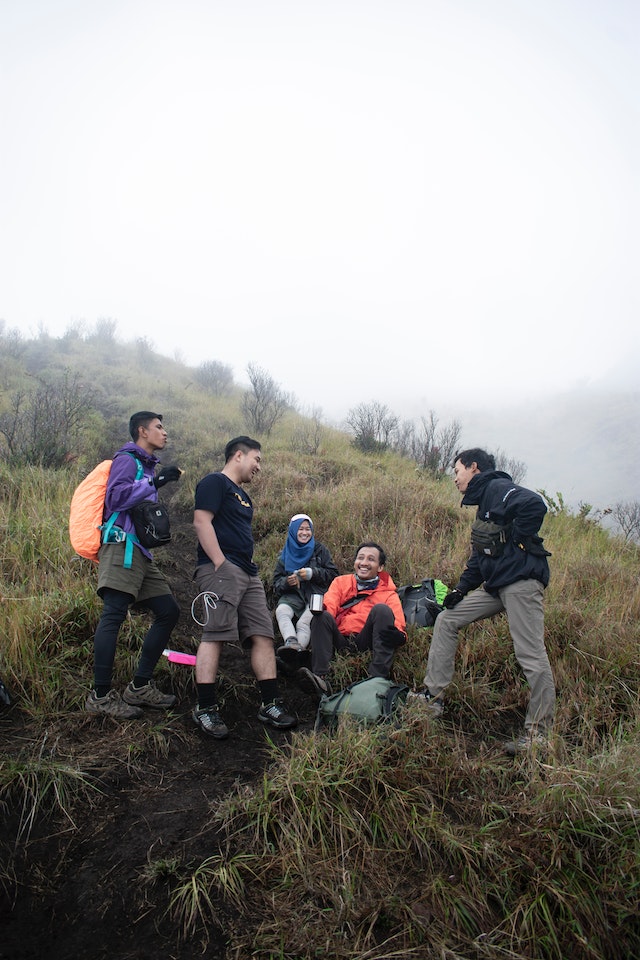 Friends hiking a mountain